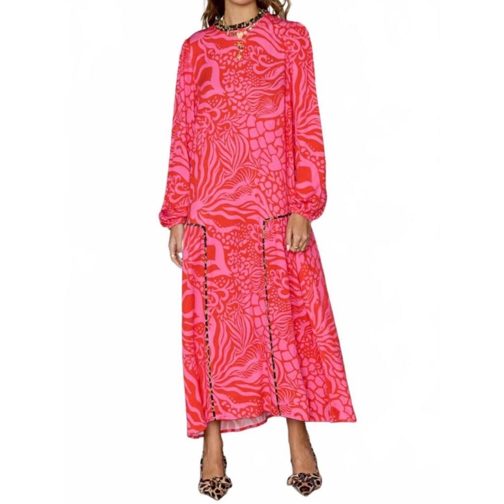Never Fully Dressed oversized drop hem midaxi dress in red and pink - US 8